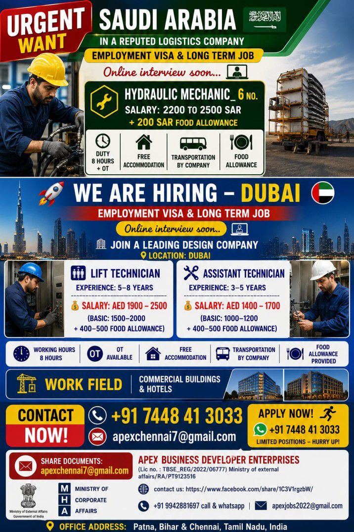 HIRING FOR DUBAI AND SAUDI ARABIA
