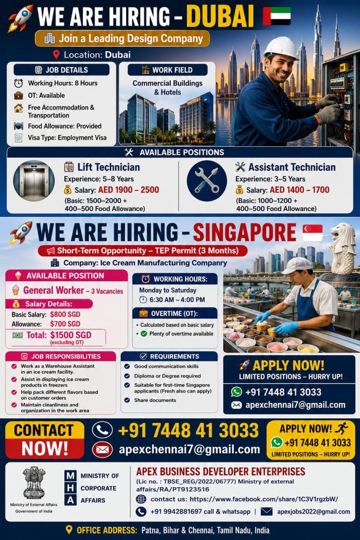 HIRING FOR DUBAI AND SINGAPORE