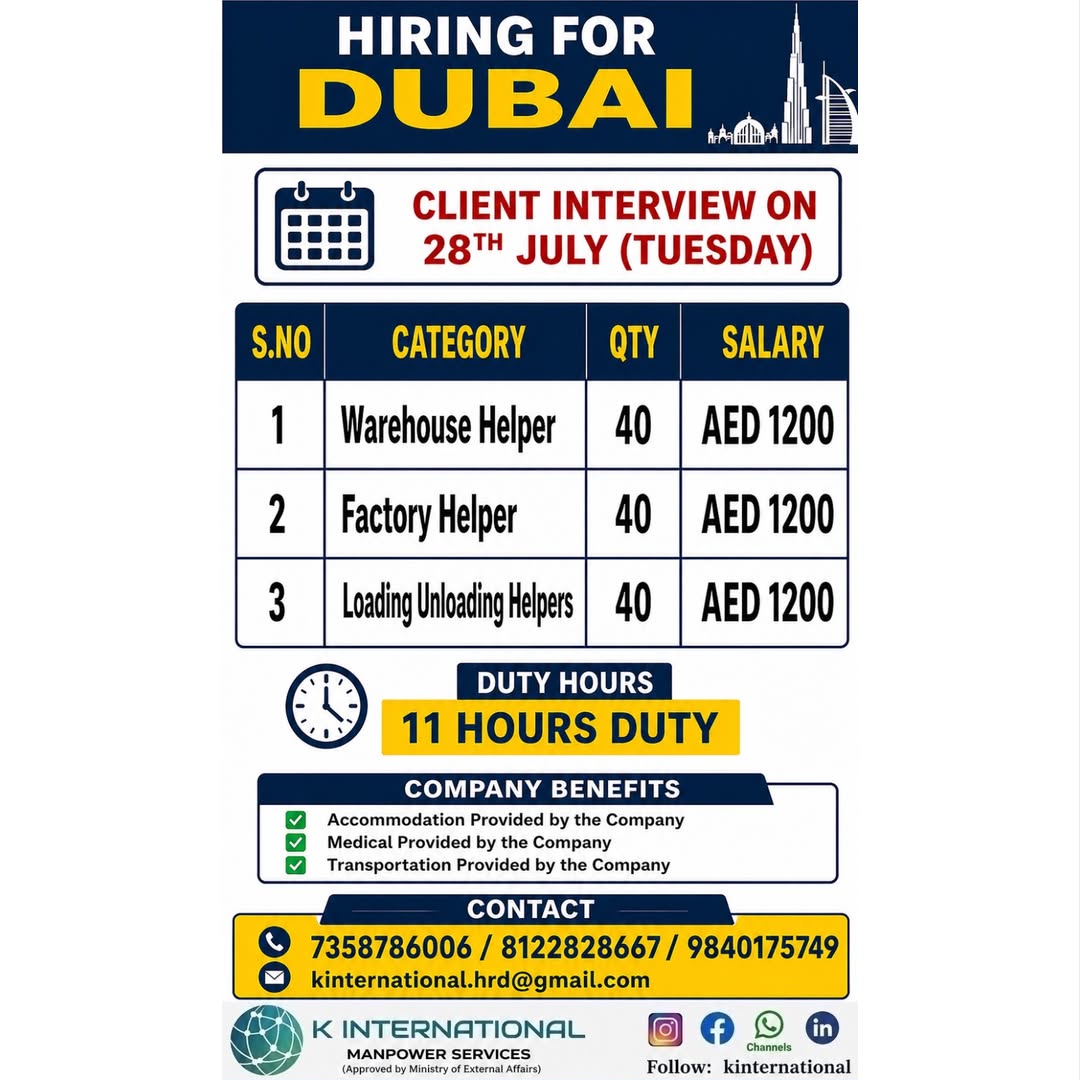 Hiring for Dubai: Helper Jobs Available