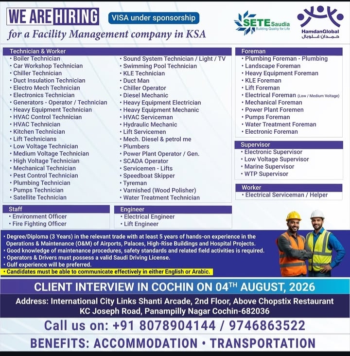 Hiring for Facility Management Company in KSA (Client Interview in Cochin