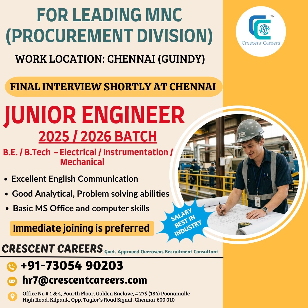 HIRING FOR JUNIOR ENGINEER POSITION - CHENNAI