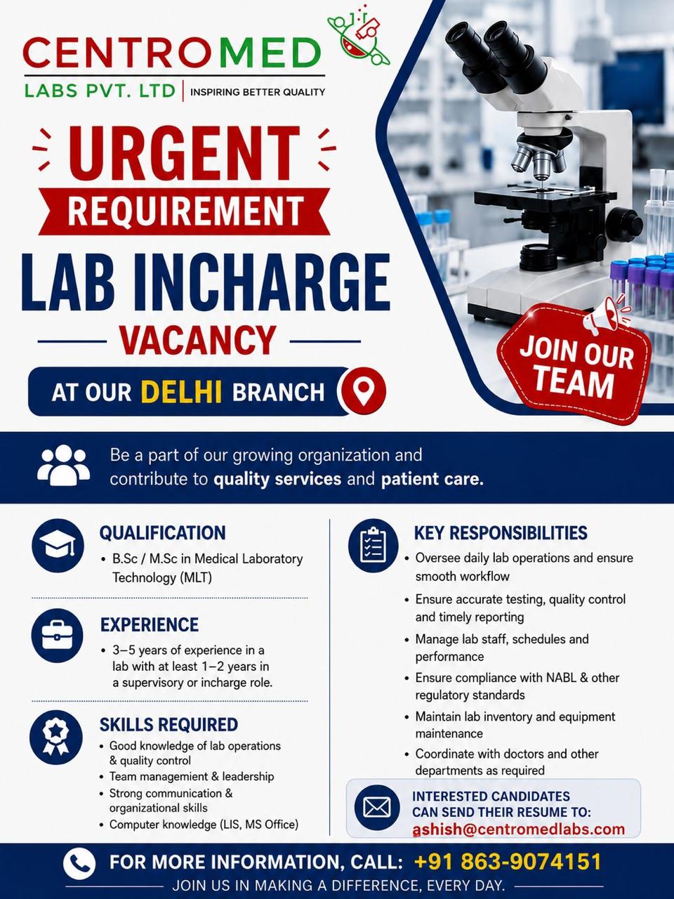 HIRING FOR LAB INCHARGE