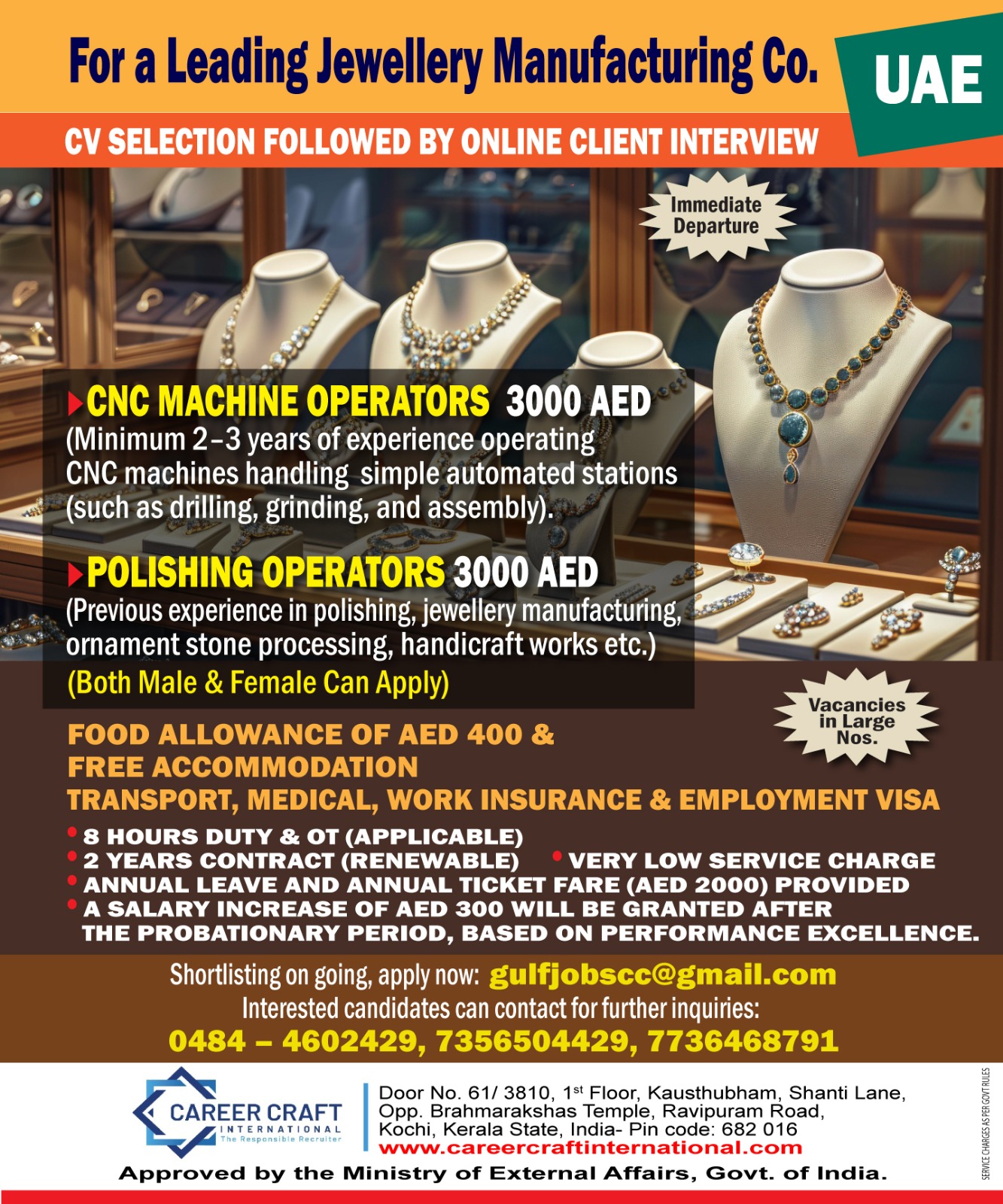 HIRING FOR LEADING JEWELLERY company