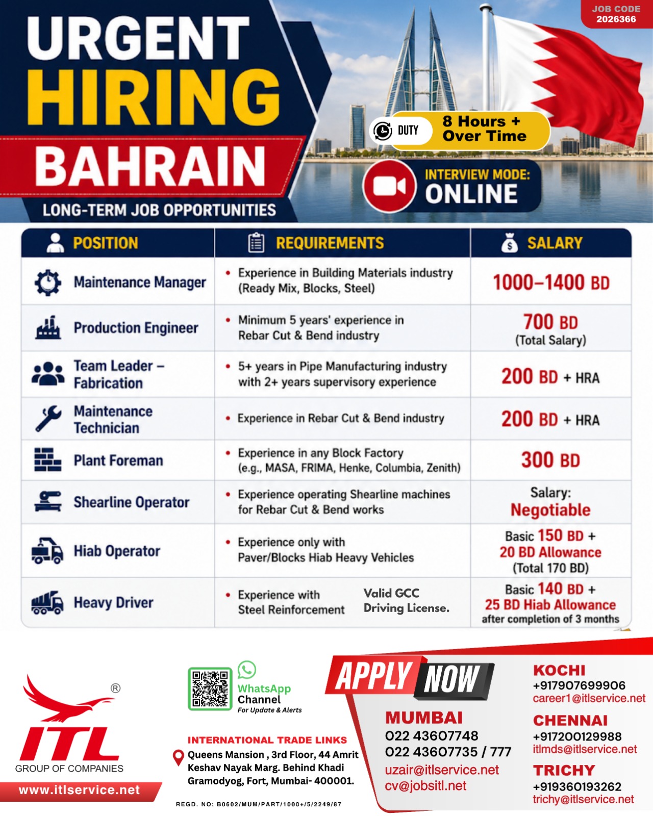 HIRING FOR LONG TERM POSITION IN BAHRAIN