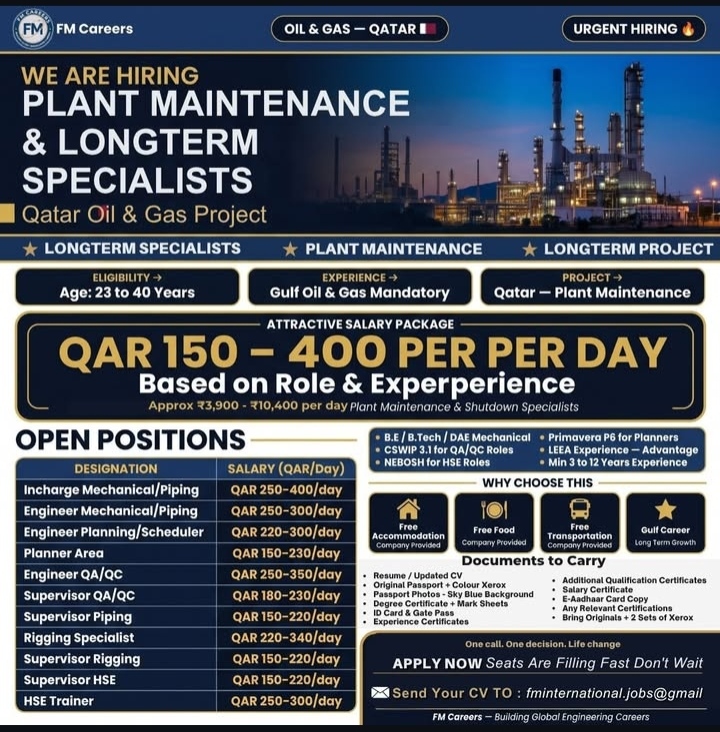 HIRING FOR LONG TERM PROJECT OF QATAR