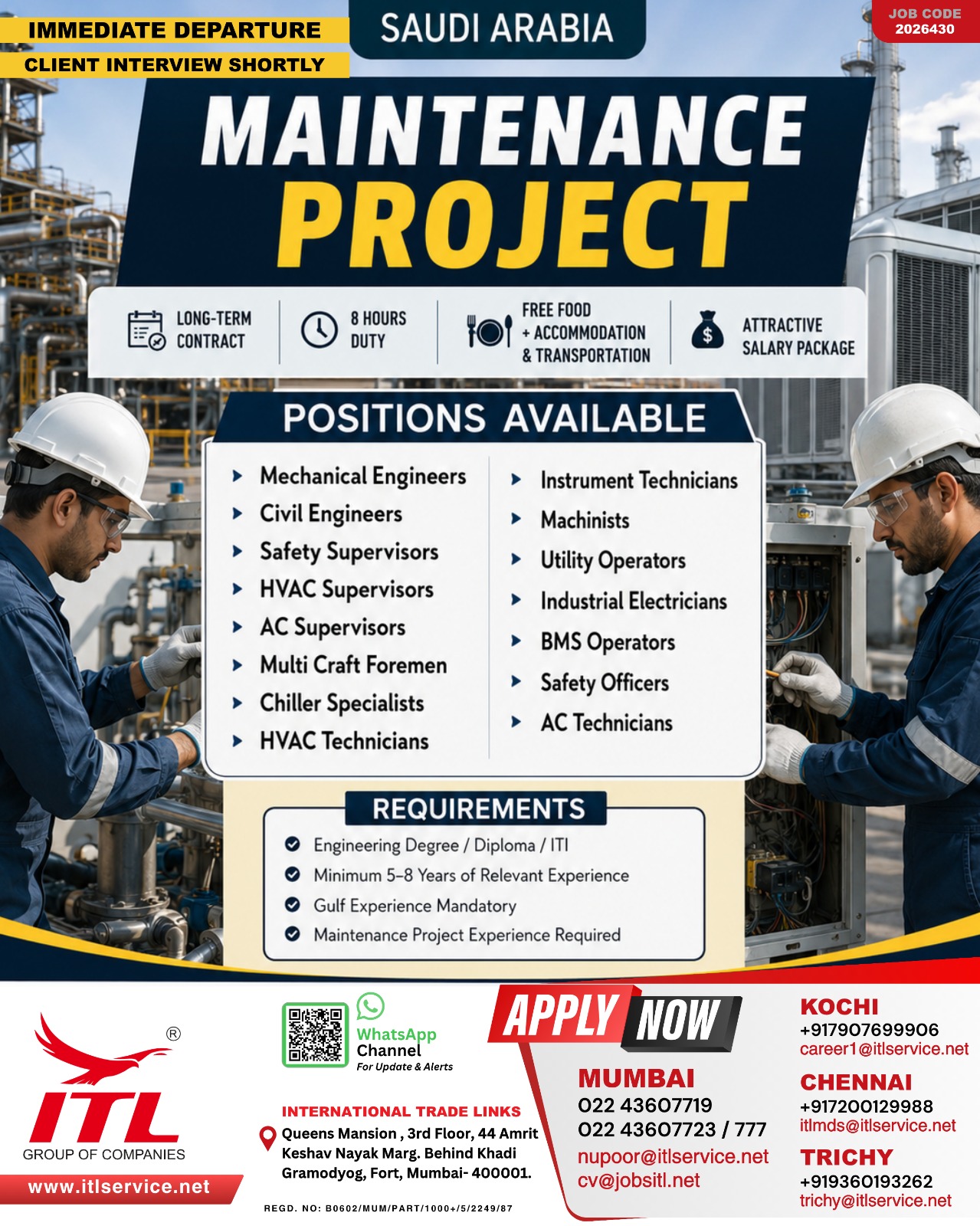 HIRING FOR MAINTENANCE PROJECT - SAUDI ARABIA