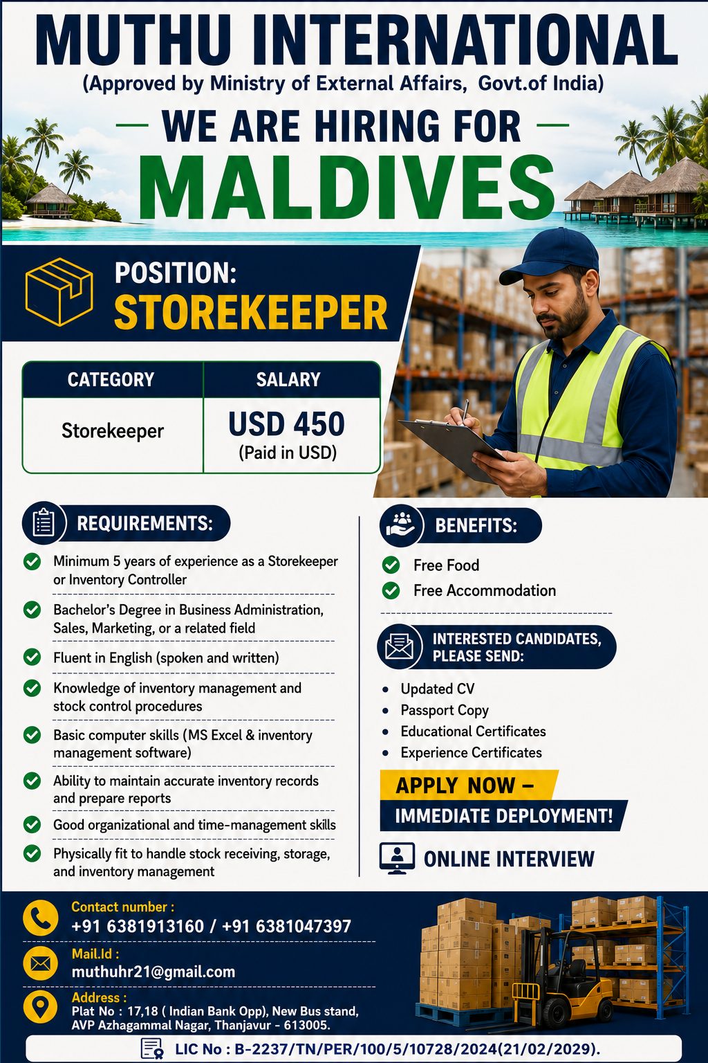 HIRING FOR MALDIVES