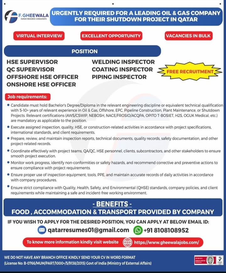HIRING for oil and gas company- Qatar