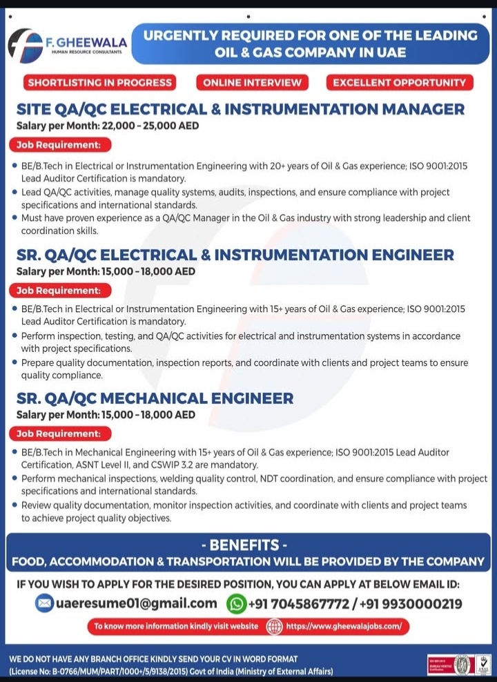 HIRING FOR OIL AND GAS COMPANY - UAE