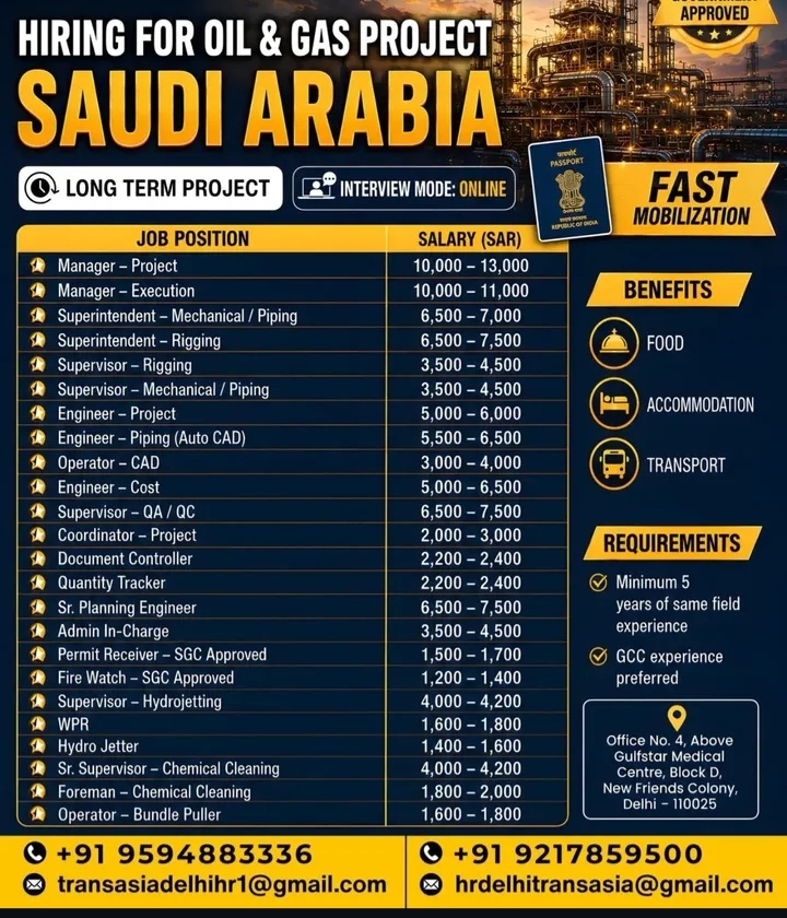HIRING FOR OIL AND GAS PROJECT IN SAUDI ARABIA