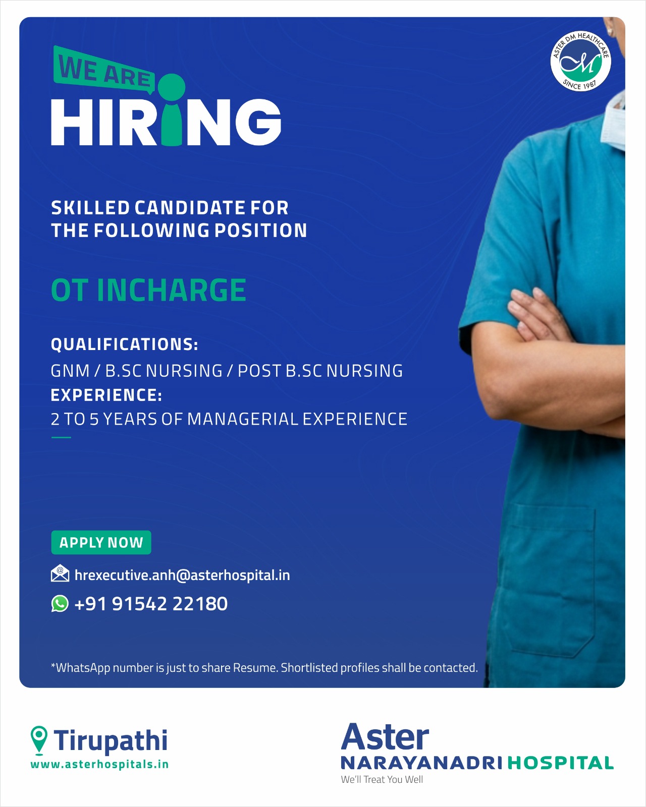 Hiring for OT INCHARGE