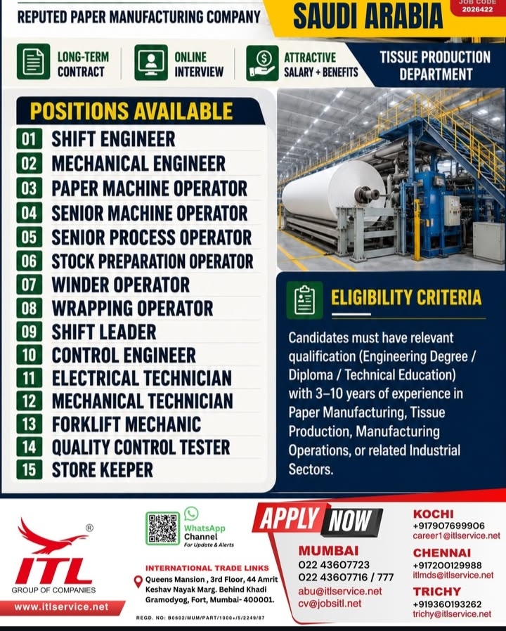 HIRING FOR PAPER REPUTED MANUFACTURING COMPANY OF SAUDI ARABIA