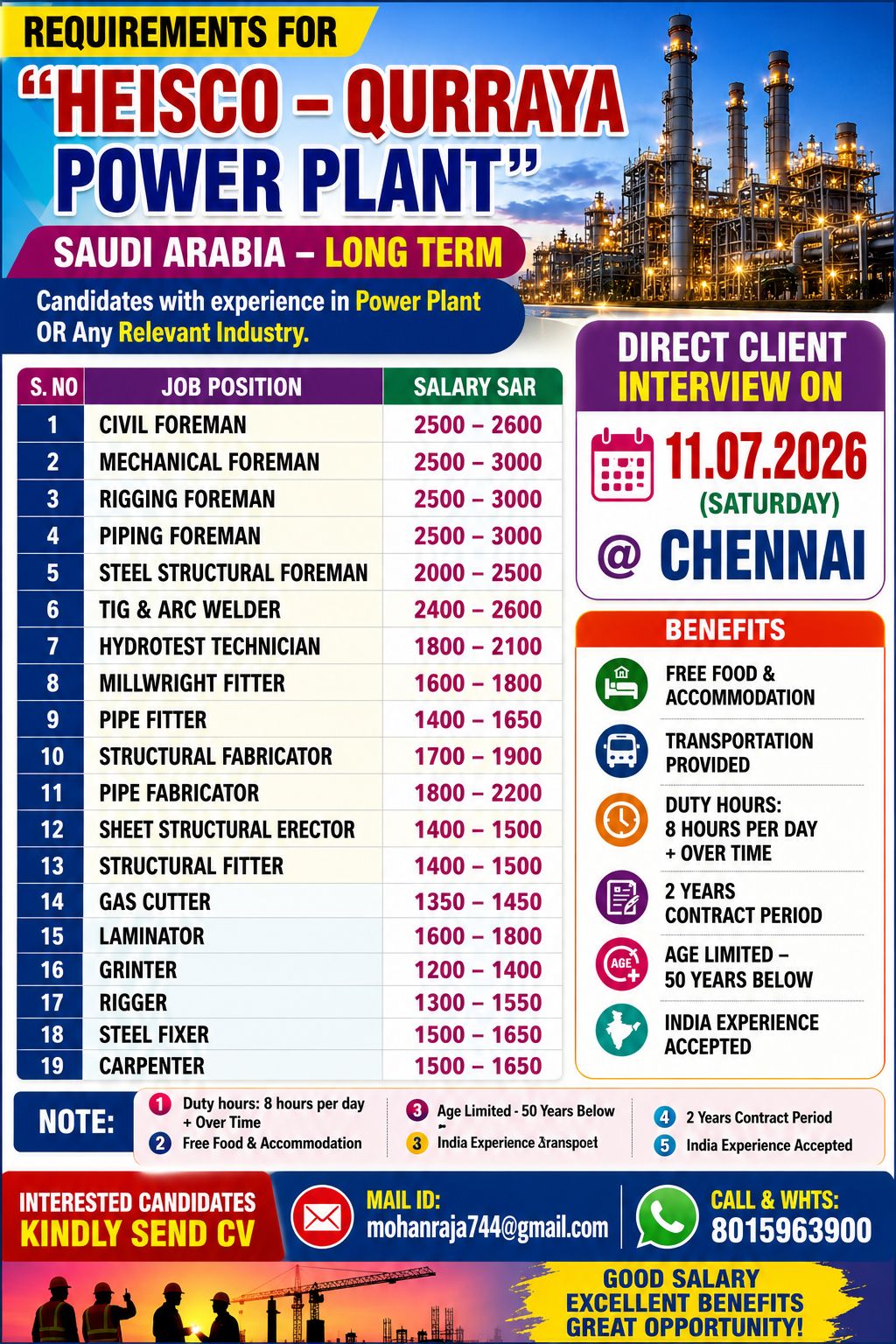 HIRING FOR POWER PLANT COMPANY IN SAUDI ARABIA