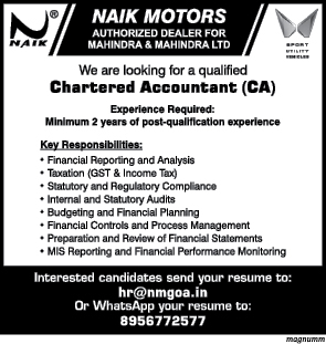 HIRING FOR QUALIFIED CHARTERED ACCOUNT