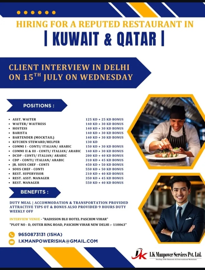 HIRING FOR REPUTED RESTAURANT