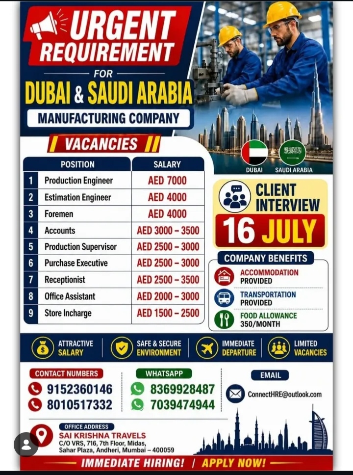HIRING FOR SAUDI AND DUBAI