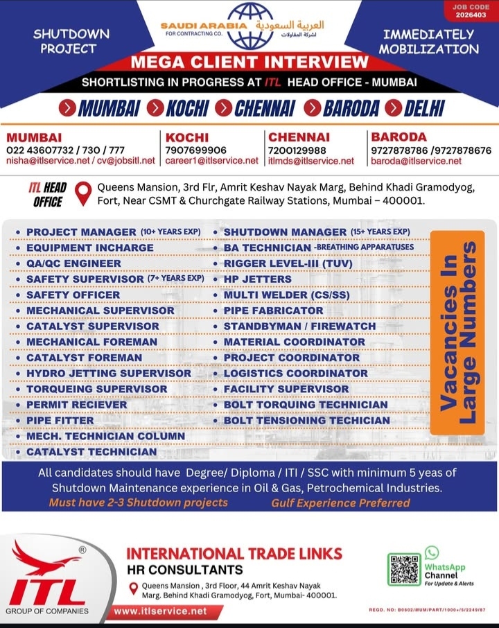 HIRING FOR SHUTDOWN PROJECT OF SAUDI ARABIA