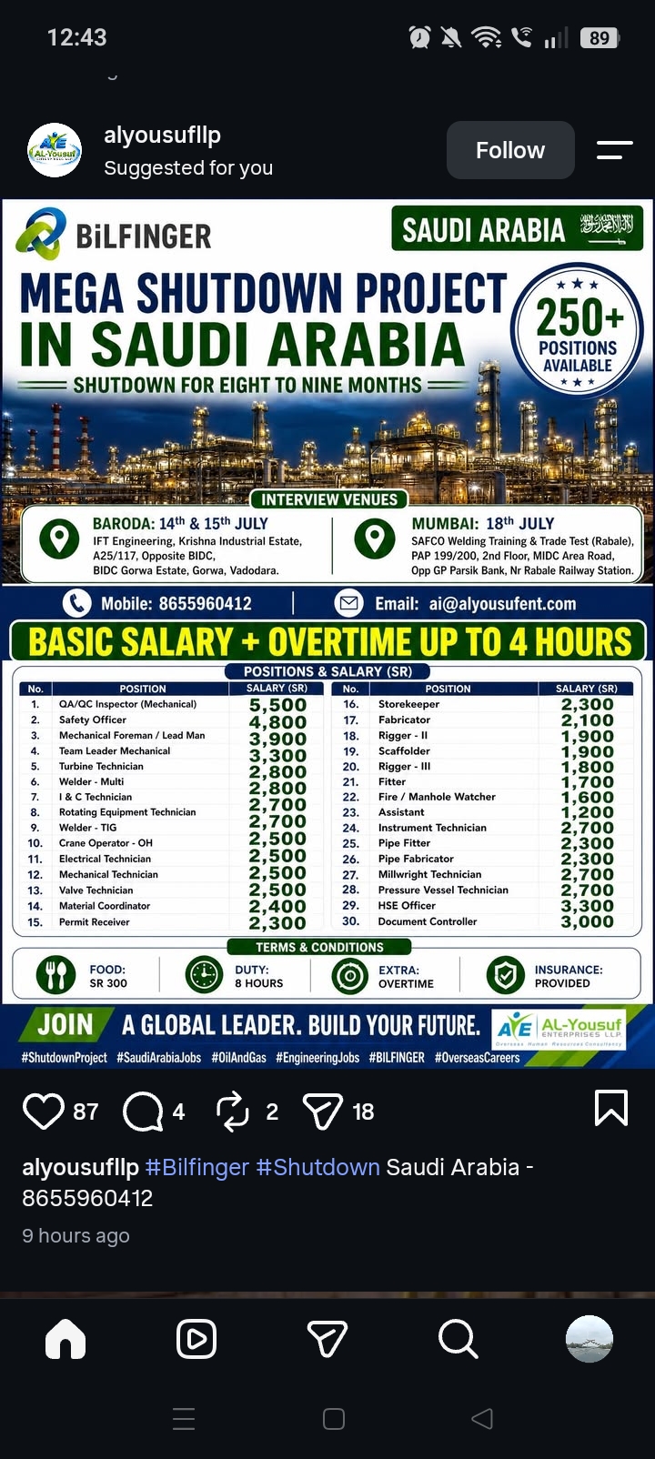 HIRING FOR SHUTDOWN PROJECT OF SAUDI ARABIA