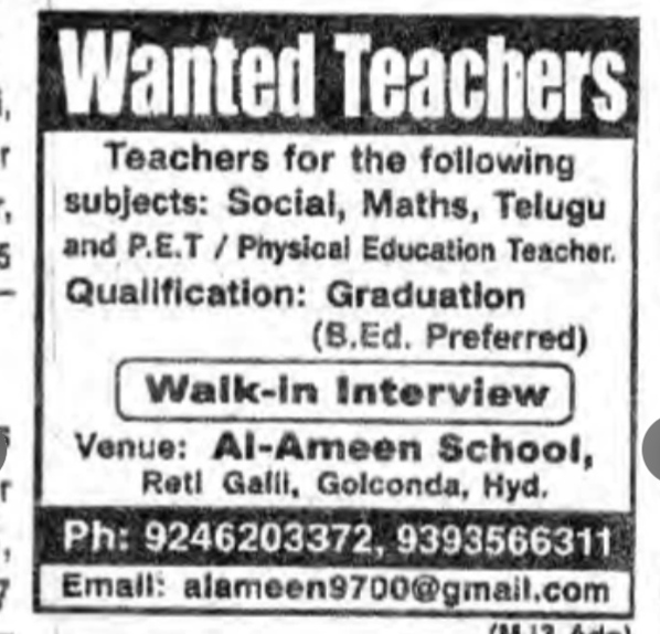 HIRING FOR TEACHERS -GOLCONDA