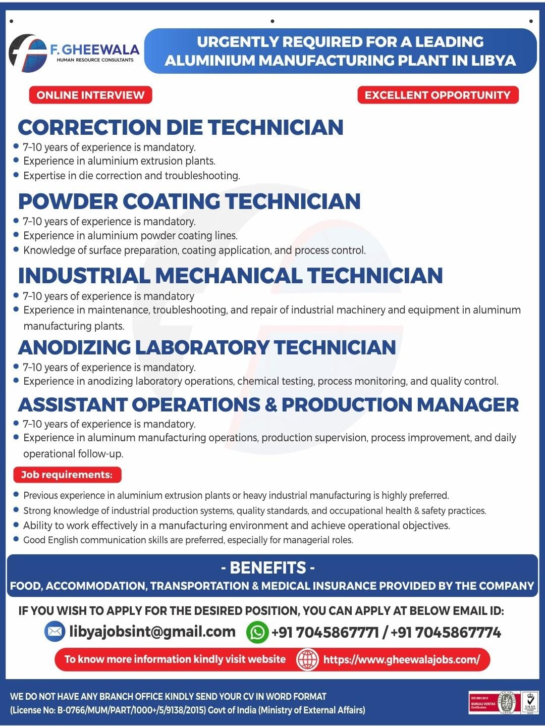 HIRING FOR TECHNICAL AND MANAGERIAL POSITION AT LIBYA