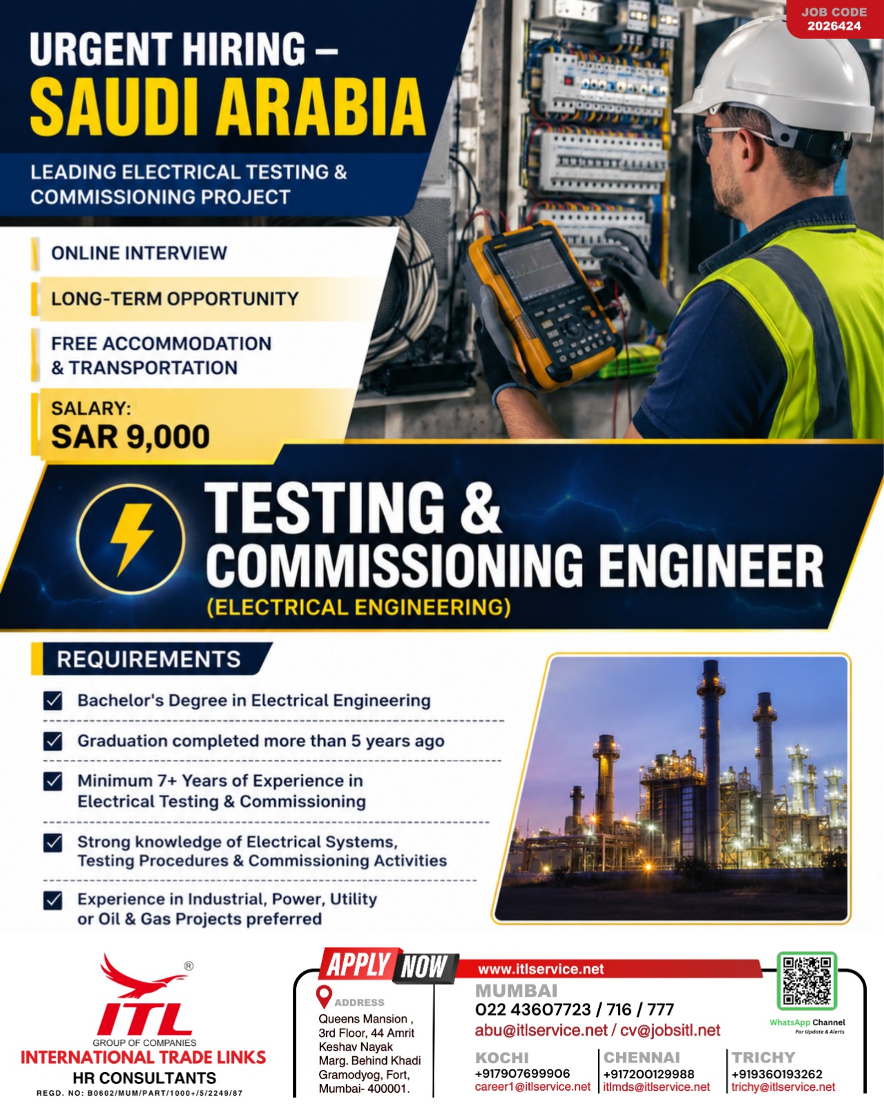 HIRING FOR TESTING AND COMMISSIONING ENGINEER -SAUDI ARABIA