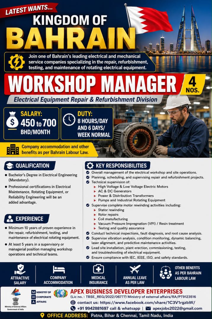 HIRING FOR THE POST WORKSHOP MANAGER POSITION - BAHRAIN
