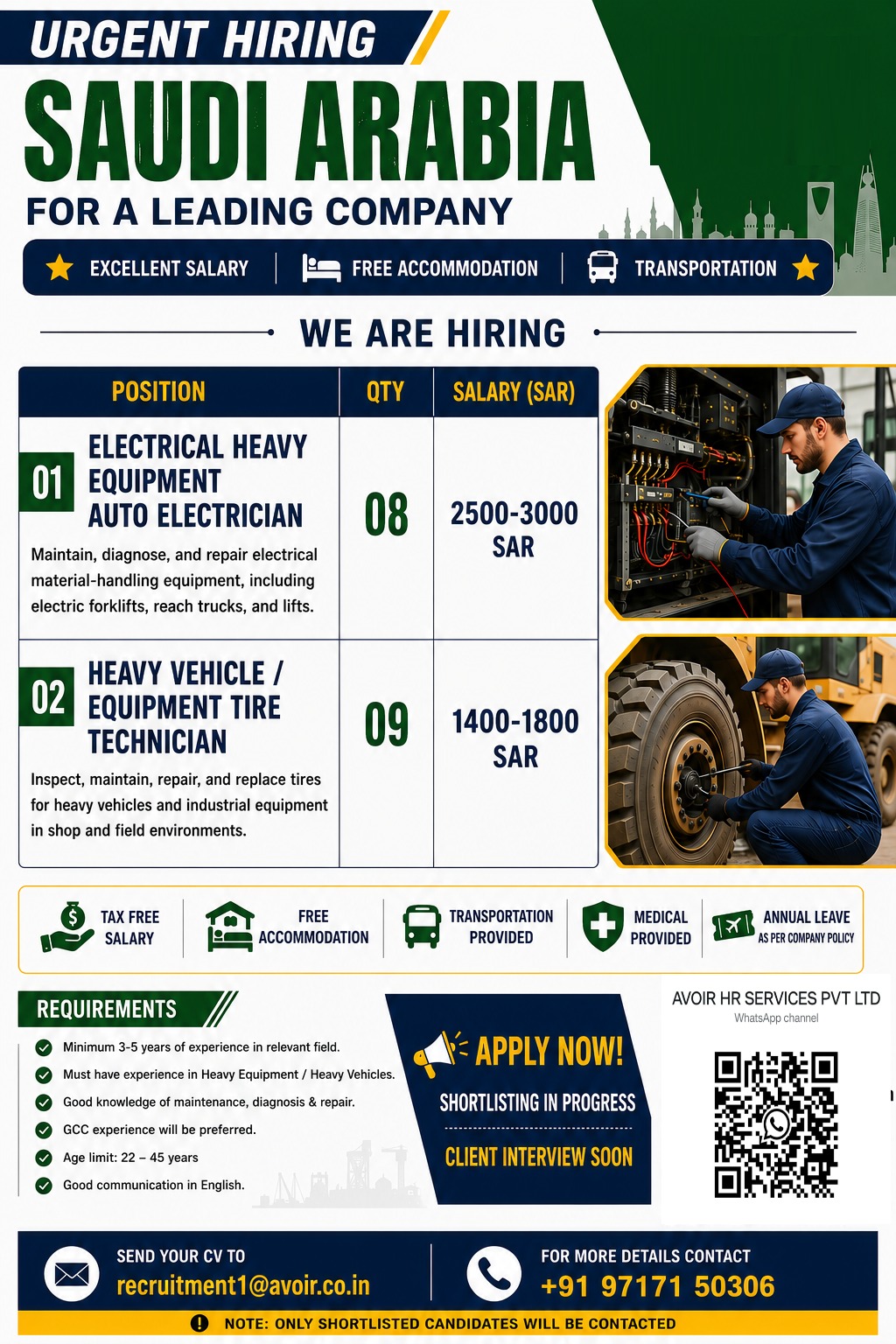 Hiring: Heavy Equipment Technicians & Electricians (Saudi Arabia)