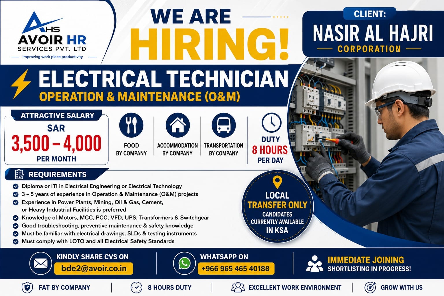 Hiring Now: Electrical Technician for Nasir Al Hajri Corporation