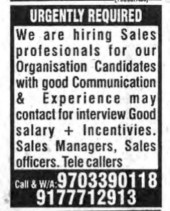 Hiring Sales Professionals Urgently
