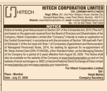 Hitech Corp Notice on Managing Director Re-appointment