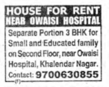 HOUSE for rent near owaisi hospital