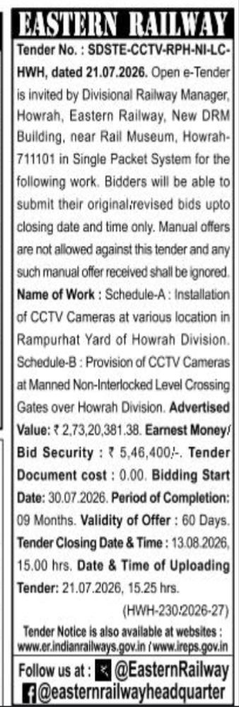 Howrah Division Railway Tender: CCTV Camera Provision