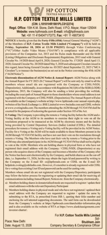 H.P. Cotton Textile Mills Limited 45th AGM Notice (2026)