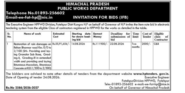 HPPWD Fatehpur Invitation for Bids – Rehan Bharmar Road Restoration (August 2026)