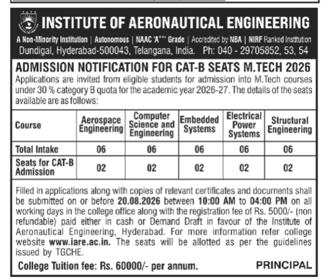 IARE M.Tech Admission Notification 2026
