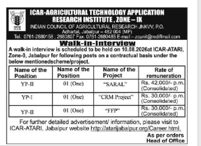 ICAR-ATARI Jabalpur Walk-In Interview Notification 2026