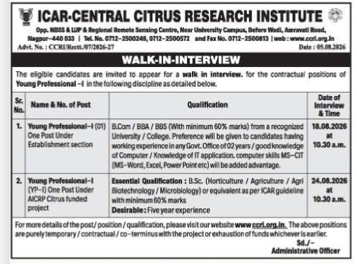 ICAR-CCRI Walk-In Interview Notification for Young Professional-I (August 2026)