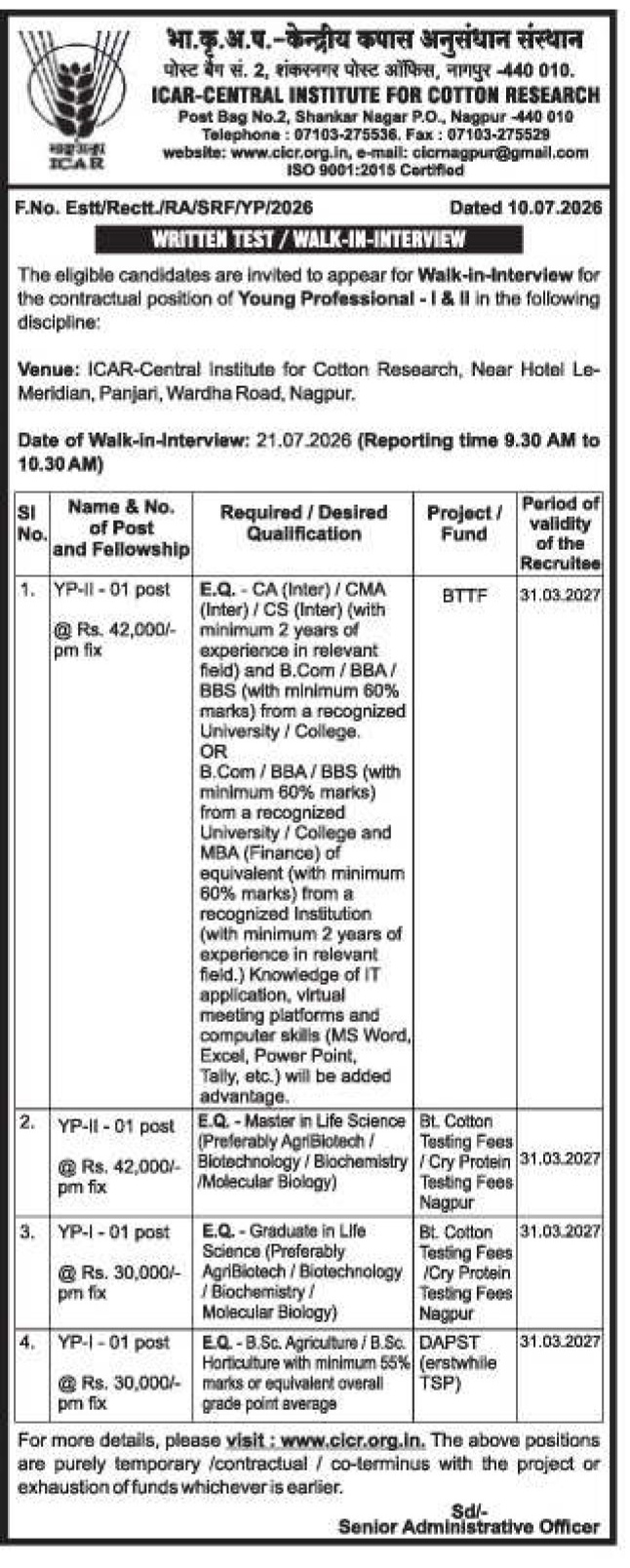ICAR-CICR Recruitment Advertisement for Young Professional (I & II) Positions (July 2026