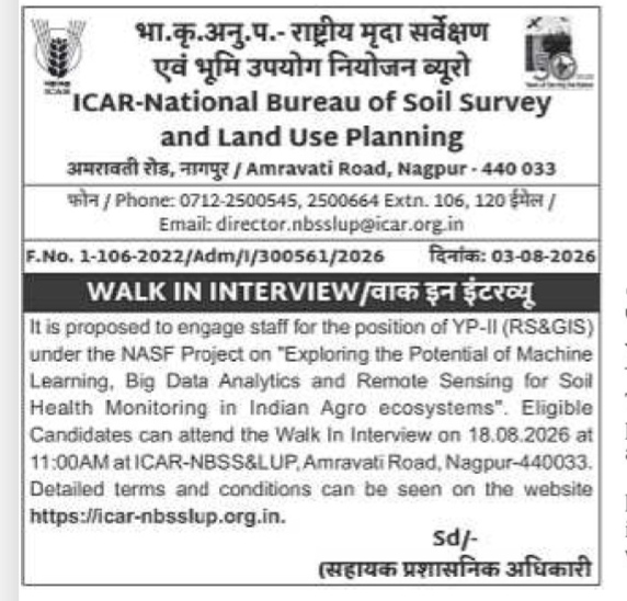 ICAR-NBSS&LUP Walk-In Interview Notification 2026 for Young Professional-II (RS&GIS)