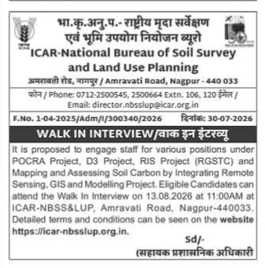 ICAR-NBSS&LUP Walk-In Interview Notification 2026