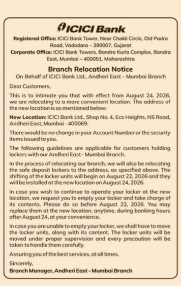 ICICI Bank Andheri East Branch Relocation Notice