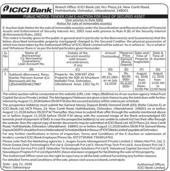 ICICI Bank E-Auction Public Notice