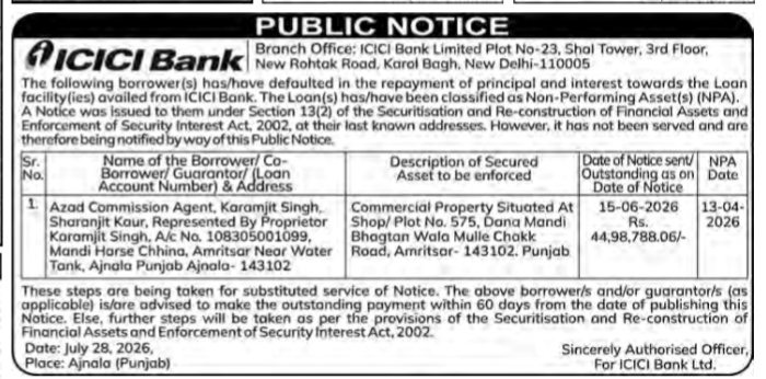 ICICI Bank Non-Performing Asset (NPA) Public Notice