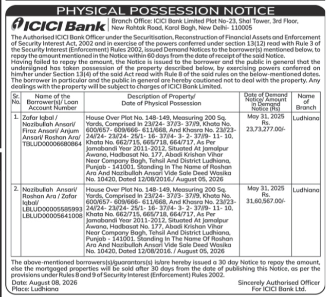 ICICI Bank Physical Possession Notice (August 08, 2026)