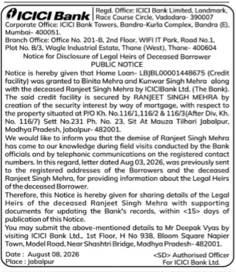 ICICI Bank Public Notice: Disclosure of Legal Heirs for Deceased Borrower Ranjeet Singh Mehra