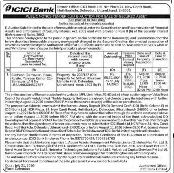 ICICI Bank Public Notice for E-Auction of Secured Asset in Dehradun (August 2026)