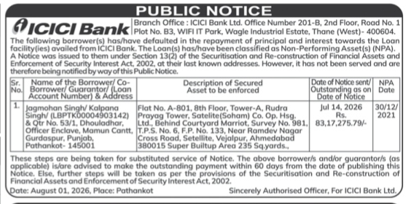 ICICI Bank Public Notice: Loan Default and SARFAESI Act Enforcement