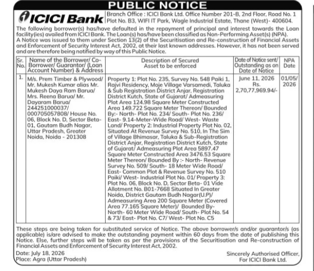 ICICI Bank Public Notice of NPA Loan Default and Substituted Service of Notice (July 18, 2026)
