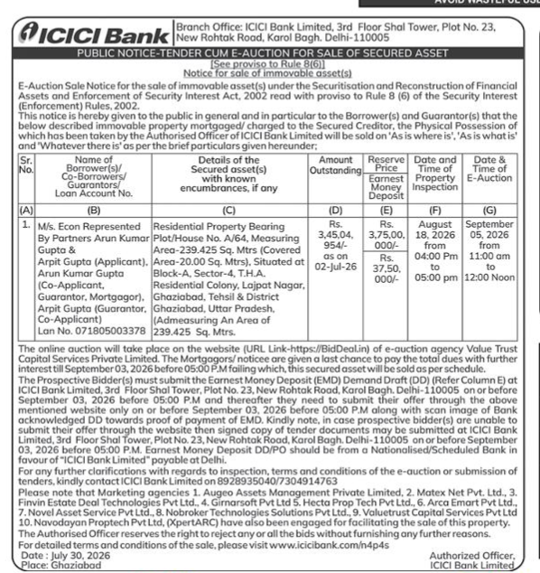 ICICI Bank Public Notice: Tender Cum E-Auction for Sale of Secured Asset (Ghaziabad Property)