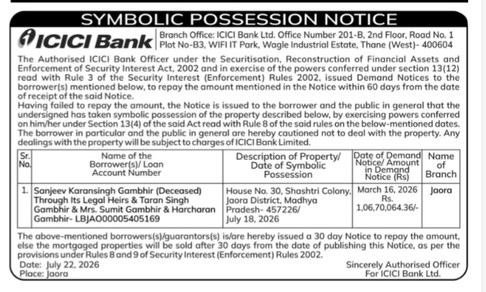 ICICI Bank Symbolic Possession Notice (Sanjeev Karansingh Gambhir)